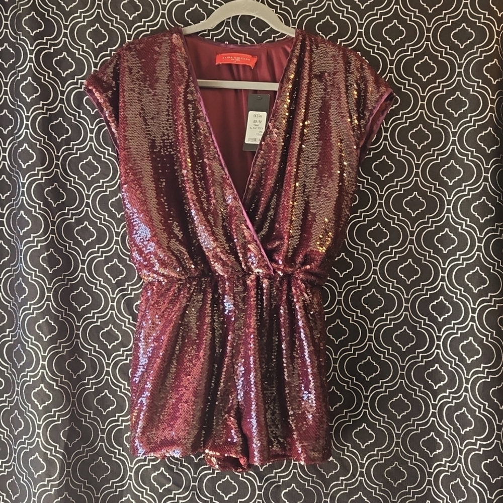 NWT Akira Chicago Red Label SEQUIN Romper Burgundy Size Small Elastic Waist